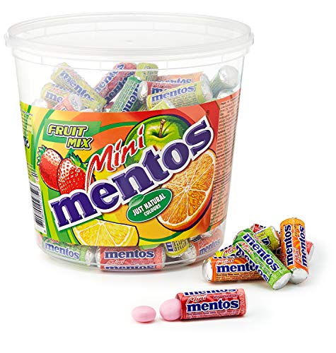 Mentos Mini Fruit Mix Bucket, Eimer mit 120 Mini-Rollen à 5 Frucht-Dragees, Kaubonbons in den Sorten Orange, Erdbeere, Apfel & Zitrone, vegan