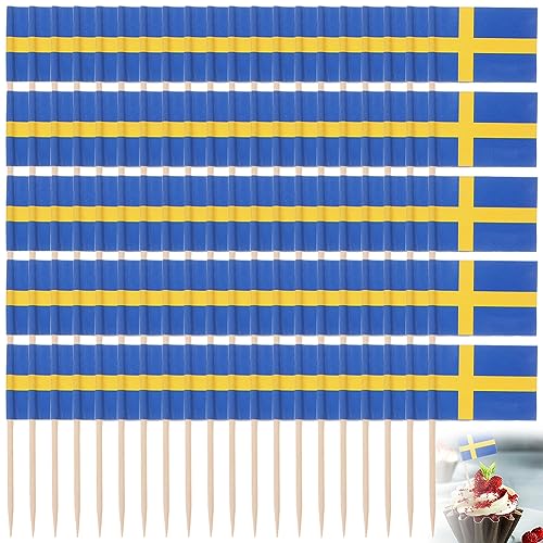 Flaggen Spieße Schweden,Zahnstocher mit Schweden-Flagge,Schweden Cocktail Stick Flaggen,Zahnstocher Papier Flagge für Schweden,Schweden Flagge Zahnstocher,für Cupcakes,Geschirr-Dekorationen,100 ST